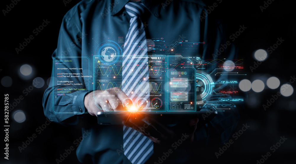 Poster businessman chat with ai, artificial intelligence. man using technology smart robot ai, artificial i