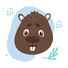 Vector flat illustration portrait of a kind beaver . Drawn by hand. Isolated on a white background.