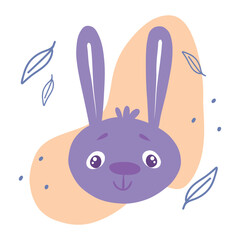 Vector flat illustration portrait of a kind purple bunny . Drawn by hand. Isolated on a white background.