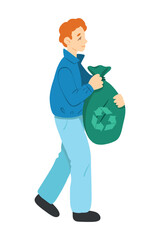 Vector simple flat illustration of a young man carrying recyclables in separate garbage collection tanks. Environmental problems. Zero waste. Recycling of waste.