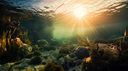 Fototapeta na wymiar beautiful underwater landscape golden hour. Generative AI.