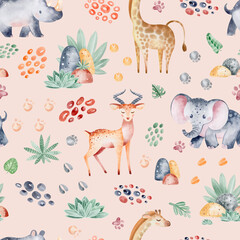 Naklejka premium Animals of Africa seamless pattern with tropical leaves. Watercolor seamless pattern. Packaging design, poster, fabrics, digital paper, sublimation.