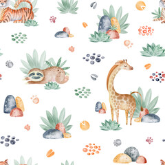 Animals of Africa seamless pattern with tropical leaves. Watercolor seamless pattern. Packaging design, poster, fabrics, digital paper, sublimation.
