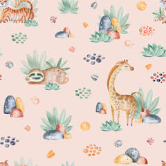 Obraz premium Animals of Africa seamless pattern with tropical leaves. Watercolor seamless pattern. Packaging design, poster, fabrics, digital paper, sublimation.