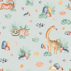 Animals of Africa seamless pattern with tropical leaves. Watercolor seamless pattern. Packaging design, poster, fabrics, digital paper, sublimation.