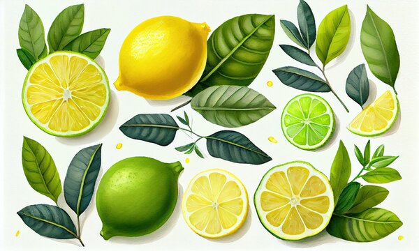 Ripe whole green lemons with leaves and pieces with yellow isolated on white background, generative AI