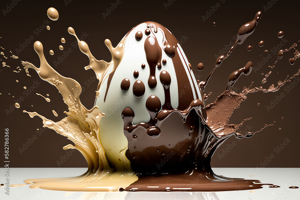 Wall mural Luxury chocolate easter eggs making a splash in chocolate. Generative ai