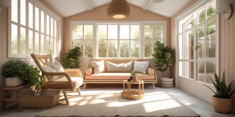 Fototapeta na wymiar Sunroom interior, 3d render. Generative AI