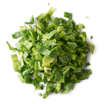 Pile Of Chopped Leek Leaves, Edible Lighter Green Leafy Vegetable Ready For Cooking Isolated, Taken Straight From Above