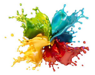 Colorful liquid paint splash isolated, transparent. Holi background, colored liquid waves splashes, red, yellow, green, blue bright oil, acrylic, ink, watercolor colors. Abstract 3D art illustration 