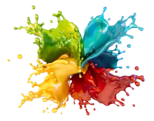Poster Colorful liquid paint splash isolated, transparent. Holi background, colored liquid waves splashes, red, yellow, green, blue bright oil, acrylic, ink, watercolor colors. Abstract 3D art illustration  © Corona Borealis