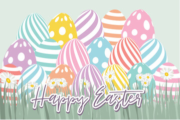 Easter background with painted flat cartoon eggs. Vector illustration.