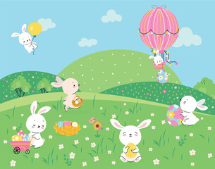 Bunny on meadow. Garden bunnies play hunting eggs. Easter rabbit with color egg on cartoon green floral hills. Animal fly on hot air balloon, nowaday vector scene
