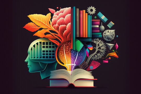 Colorful Collage showing the power of learning, reading  and how it can expand the mind