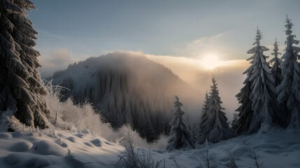 Das Bild zeigt eine ruhige Winterlandschaft, gekennzeichnet durch eine dicke Schneedecke, die den Boden und die Baumäste bedeckt.