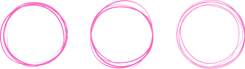 Pink circle line hand drawn set. Highlight hand drawing circle isolated on background. Round handwritten circle. For marking text, note, mark icon, number, marker pen, pencil and text check, vector