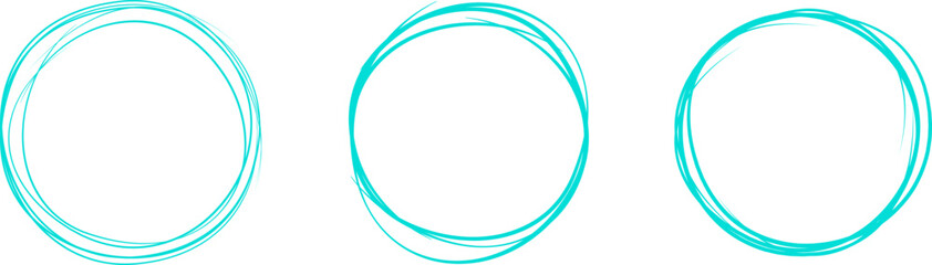 Turquoise circle line hand drawn set. Highlight hand drawing circle isolated on background. Round handwritten circle. For marking text, note, mark icon, number, marker pen and text check, vector