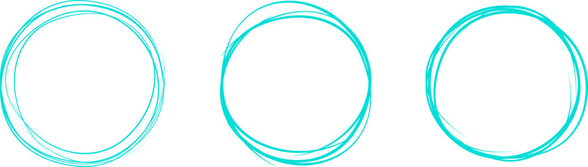 Turquoise circle line hand drawn set. Highlight hand drawing circle isolated on background. Round handwritten circle. For marking text, note, mark icon, number, marker pen and text check, vector