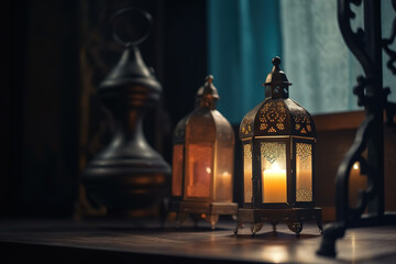 Fototapeta na wymiar Vintage decoration lamp on top of a table .Generative Ai