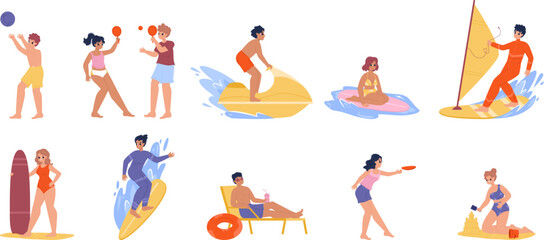 Summer beach activities, characters surfing and play volleyball. Windsurfing and sunbath time, teen girl in swimwear builds sand castle, snugly vector set