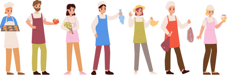 Cartoon sellers with goods. Young farmers and workers. First job or business, baker and florist, fisherman and butcher. Snugly market vector characters