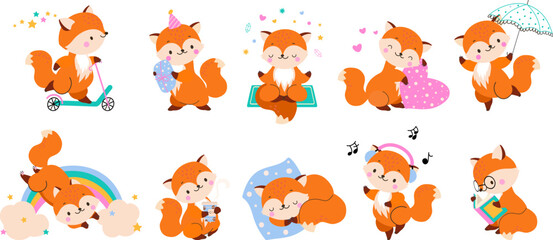 Cute red cartoon fox mascot. Autumn foxes, forest wildlife animals. Isolated foxy sleep, jump with umbrella, drink coffee. Funny nowaday vector graphic