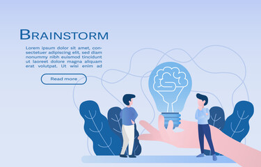 Brainstorming ideas. Develop and plan a process for success. Achieve an idea. The light bulb and brain symbolizes creativity. Flat vector illustration.