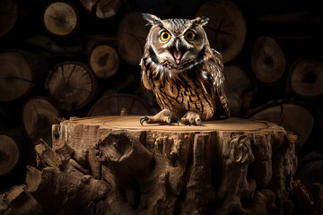 Angry owl bird beak open, standing on the stump of a cut down tree thump, a stack of logs in the background with copy space, generative ai