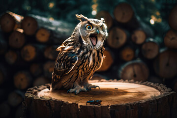 Cute shocked owl bird screaming with beak open, standing on the stump of a cut down tree, a stack of wooden logs the background with copy space, generative ai