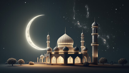 Minimal islamic mosque night moon and stars Photorealisti, Generative AI