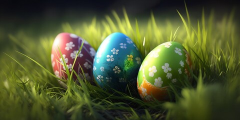 Painted Easter eggs in the grass, generative ai image