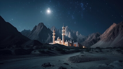 Mosque night view, sand and calm atmosphere mountain, Generate AI