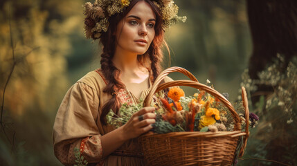 Beautiful Girl Collecting Medicinal Herbs in Basket for Beltane May 1st Celebration. A lovely woman wearing traditional clothes, wrath of flowes, gathers a medicinal herbs in a basket. - obrazy, fototapety, plakaty