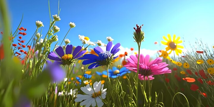 Colorful summer flowers in field, generative ai illustration