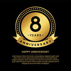 8 years anniversary banner with luxurious golden circles and halftone on a black background and replaceable text speech
