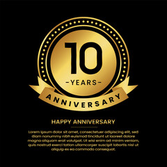 10 years anniversary banner with luxurious golden circles and halftone on a black background and replaceable text speech
