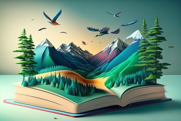 Magic Open book with whole world inside concept. Paper art mointains, forest trees with birds at open book pages.