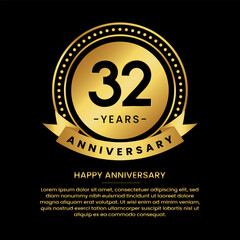 32 years anniversary banner with luxurious golden circles and halftone on a black background and replaceable text speech