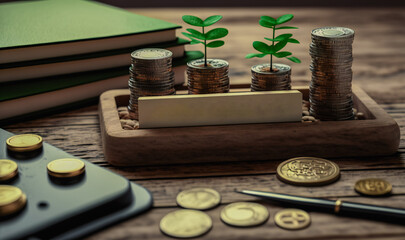 Fototapeta na wymiar A visual representation of the pension concept, with coins and a sprout on a wooden table, emphasizes the need for long-term investment planning to secure a stable financial future