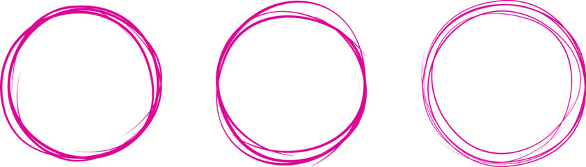 Fuchsia circle line hand drawn set. Highlight hand drawing circle isolated on background. Round handwritten circle. For marking text, note, mark icon, number, marker pen, pencil and text check, vector