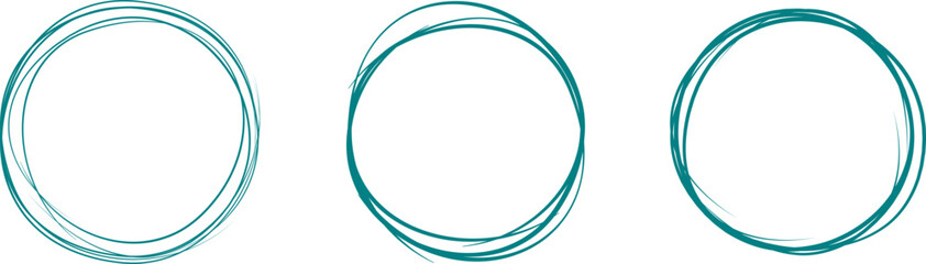 Teal circle line hand drawn set. Highlight hand drawing circle isolated on background. Round handwritten circle. For marking text, note, mark icon, number, marker pen, pencil and text check, vector