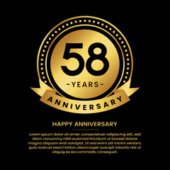 58 years anniversary banner with luxurious golden circles and halftone on a black background and replaceable text speech