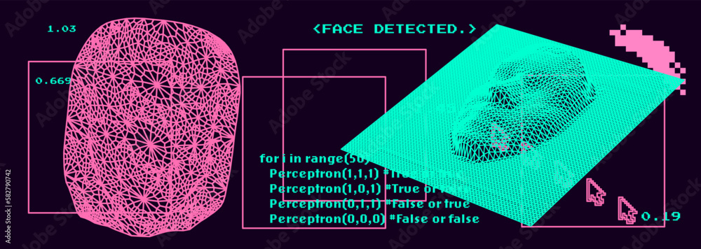 Leinwandbilder collage of 3d faces made of a polygonal mesh. conceptual illustration of artificial intelligence and