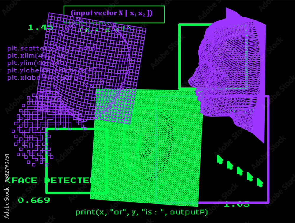 Aufkleber collage of 3d faces made of a polygonal mesh. conceptual illustration of artificial intelligence and
