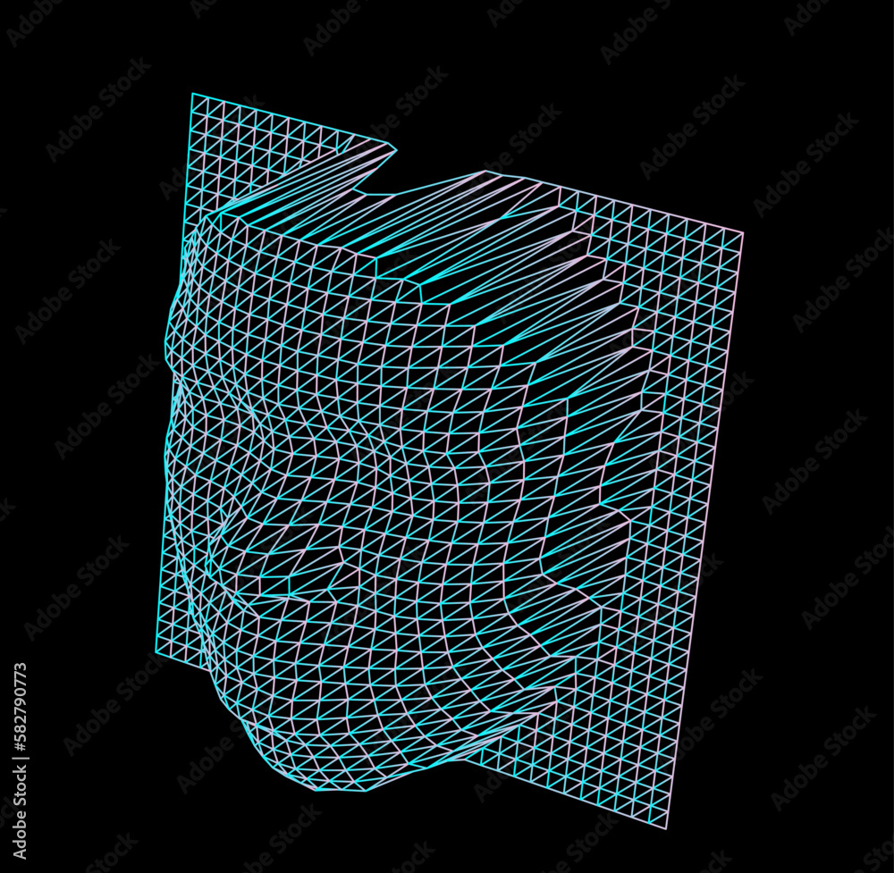 Poster 3d human head made of a polygonal mesh. concept of a facial recognition systems and biometrics.
