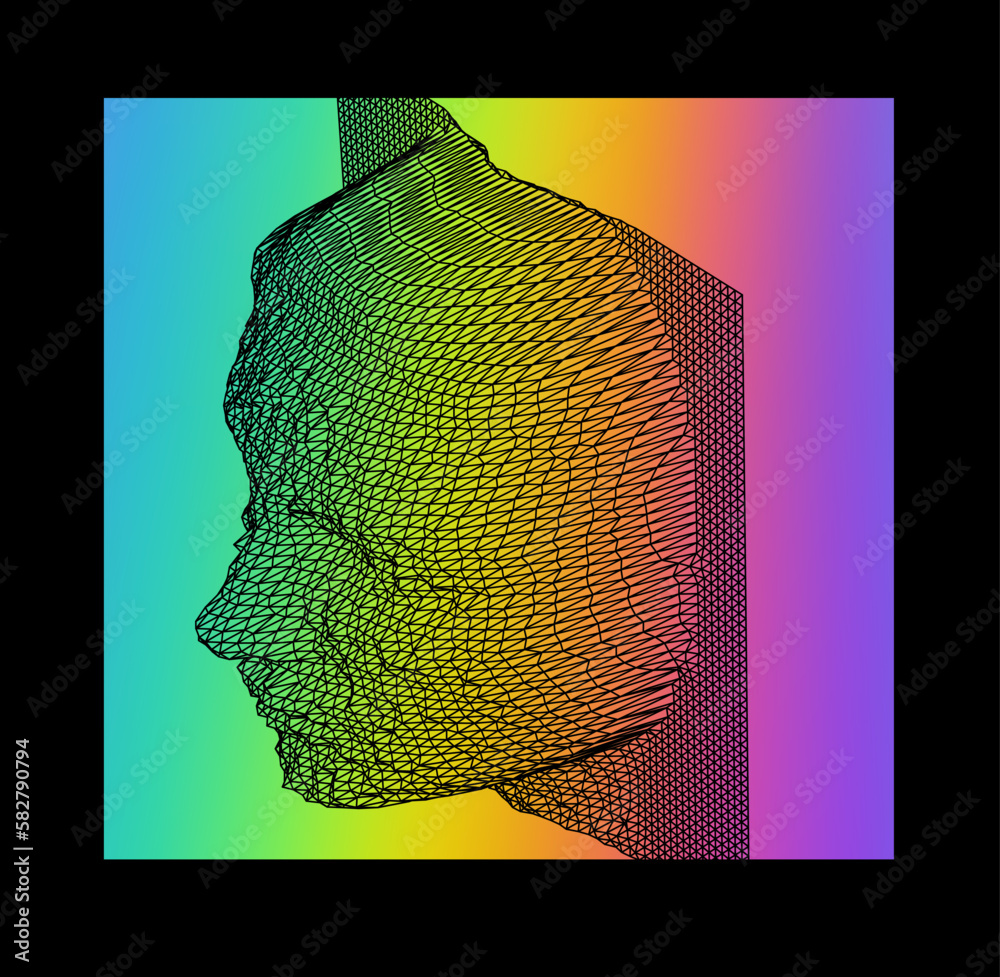 Poster 3d human head made of a polygonal mesh. concept of a facial recognition systems and biometrics.
