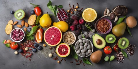 Assortment of fruits, vegetables, seeds, superfoods, cereals on a dark gray concrete background with copy space. Top view - generative ai
