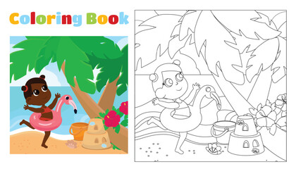 Coloring book for children a girl with an inflatable flamingo ring on the seashore near a palm tree and a sand castle. Pages for kindergarten or elementary school.