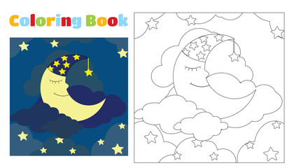 Coloring book for children cute moon in a nightcap sleeps on a cloud among the stars and clouds. Coloring pages for kindergarten or elementary school.