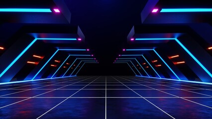 Obraz premium 3d technology abstract neon light background, empty space scene, spotlight, dark night, virtual reality, cyber futuristic sci-fi background, street floor studio for mock up. colored geometric.